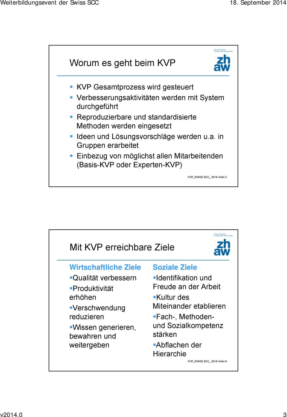 in Gruppen erarbeitet Einbezug von möglichst allen Mitarbeitenden (Basis-KVP oder Experten-KVP) KVP_SWISS SCC_ 2014/ Seite 5 Mit KVP erreichbare Ziele Wirtschaftliche Ziele