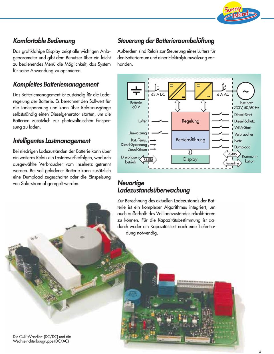 Es berechnet den Sollwert für die Ladespannung und kann über Relaisausgänge selbstständig einen Dieselgenerator starten, um die Batterien zusätzlich zur photovoltaischen Einspeisung zu laden.