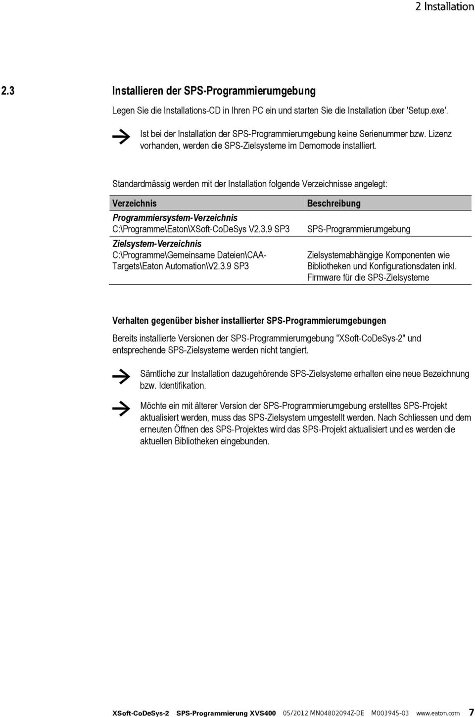 Standardmässig werden mit der Installation folgende Verzeichnisse angelegt: Verzeichnis Programmiersystem-Verzeichnis C:\Programme\Eaton\XSoft-CoDeSys V2.3.