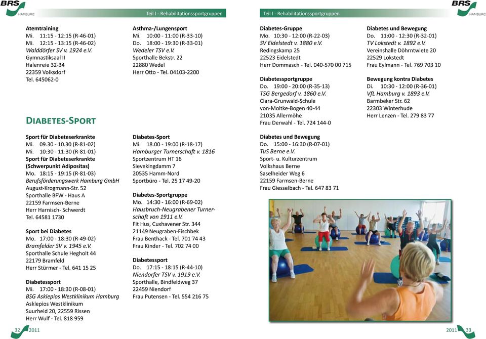 040-570 00 715 Diabetessportgruppe Do. 19:00-20:00 (R-35-13) Clara-Grunwald-Schule von-moltke-bogen 40-44 21035 Allermöhe Frau Derwahl - Tel. 724 144-0 Diabetes und Bewegung Do.
