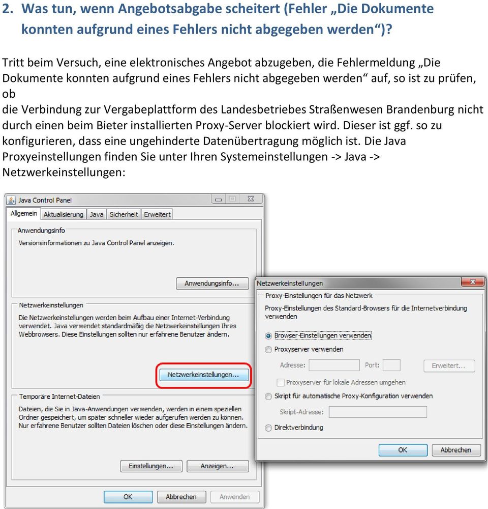 prüfen, ob die Verbindung zur Vergabeplattform des Landesbetriebes Straßenwesen Brandenburg nicht durch einen beim Bieter installierten Proxy-Server blockiert