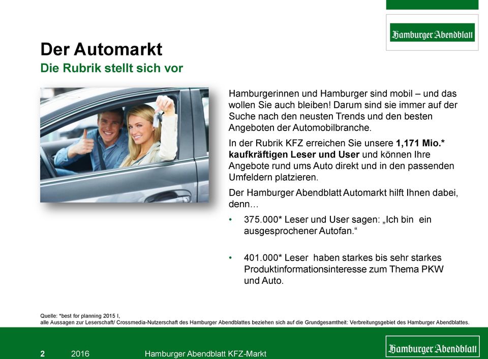 * kaufkräftigen Leser und User und können Ihre Angebote rund ums Auto direkt und in den passenden Umfeldern platzieren. Der Hamburger Abendblatt Automarkt hilft Ihnen dabei, denn 375.