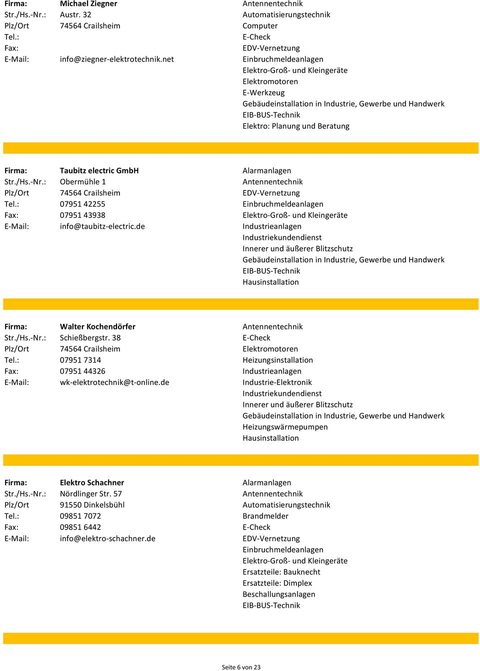 : 07951 42255 07951 43938 E-Mail: info@taubitz-electric.de Industrieanlagen Industriekundendienst Innerer und äußerer Blitzschutz Firma: Walter Kochendörfer Antennentechnik Str./Hs.-Nr.