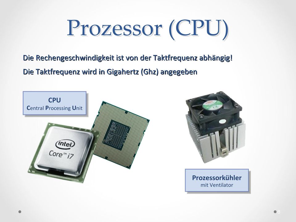 Die Taktfrequenz wird in Gigahertz (Ghz) angegeben CPU CPU