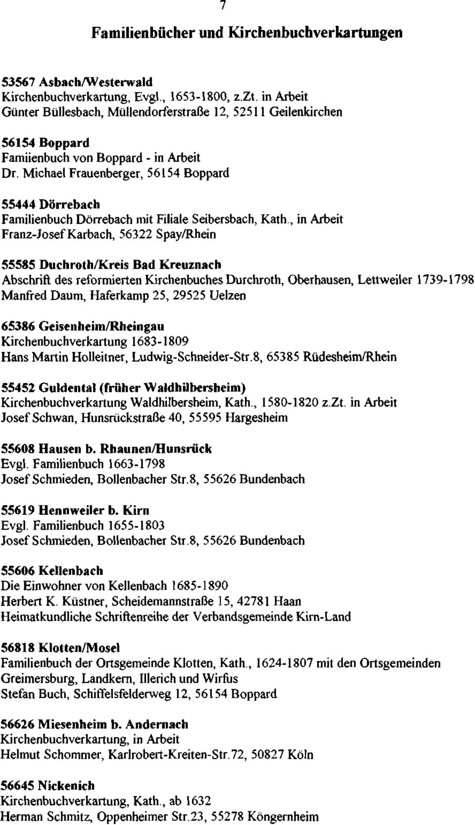 Michael Frauenberger, 56154 Boppard 55444 Dörrebach Familienbuch Dörrebach mit Filiale Seibersbach, Kath.