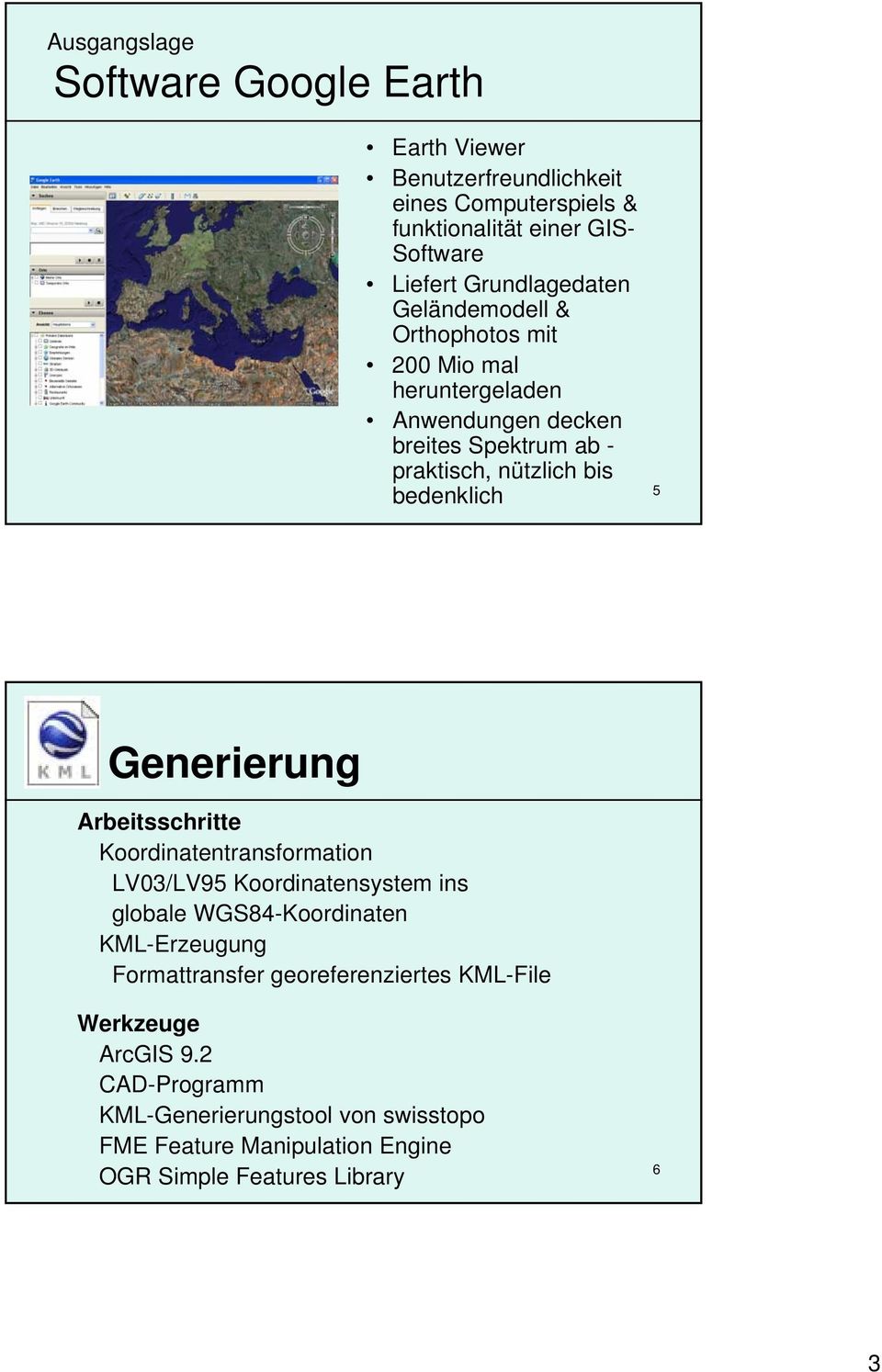 bedenklich 5 Generierung Arbeitsschritte Koordinatentransformation LV03/LV95 Koordinatensystem ins globale WGS84-Koordinaten KML-Erzeugung