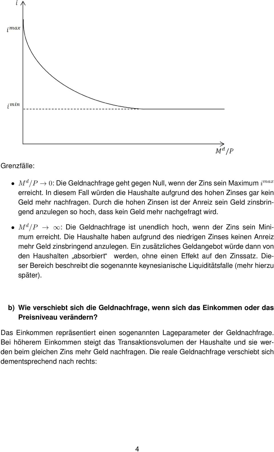 M d /P : Die Geldnachfrage ist unendlich hoch, wenn der Zins sein Minimum erreicht. Die Haushalte haben aufgrund des niedrigen Zinses keinen Anreiz mehr Geld zinsbringend anzulegen.