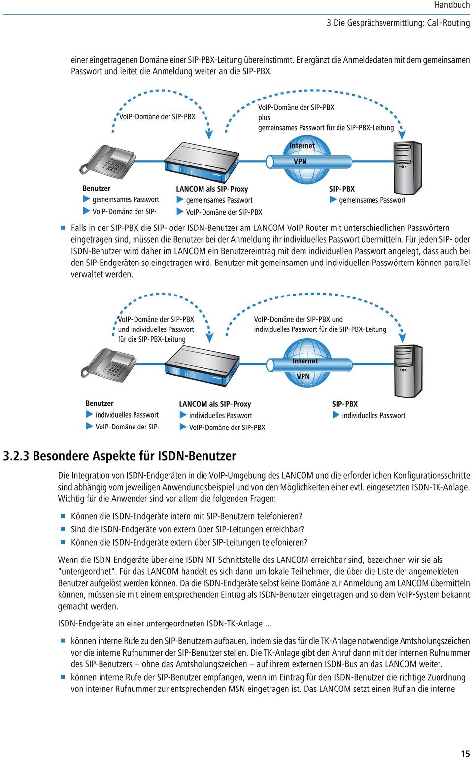 1 Falls in der SIP-PBX die SIP- oder ISDN-Benutzer am LANCOM VoIP Router mit unterschiedlichen Passwörtern eingetragen sind, müssen die Benutzer bei der Anmeldung ihr individuelles Passwort