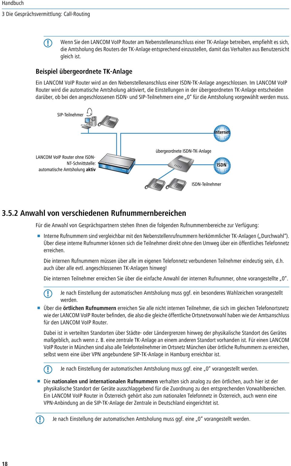 Im LANCOM VoIP Router wird die automatische Amtsholung aktiviert, die Einstellungen in der übergeordneten TK-Anlage entscheiden darüber, ob bei den angeschlossenen ISDN- und SIP-Teilnehmern eine 0
