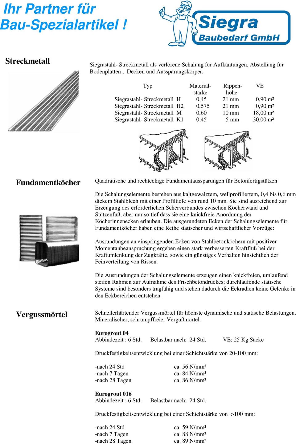 Streckmetall K1 0,45 5 mm 30,00 m² Fundamentköcher Quadratische und rechteckige Fundamentaussparungen für Betonfertigstützen Die Schalungselemente bestehen aus kaltgewalztem, wellprofiliertem, 0,4