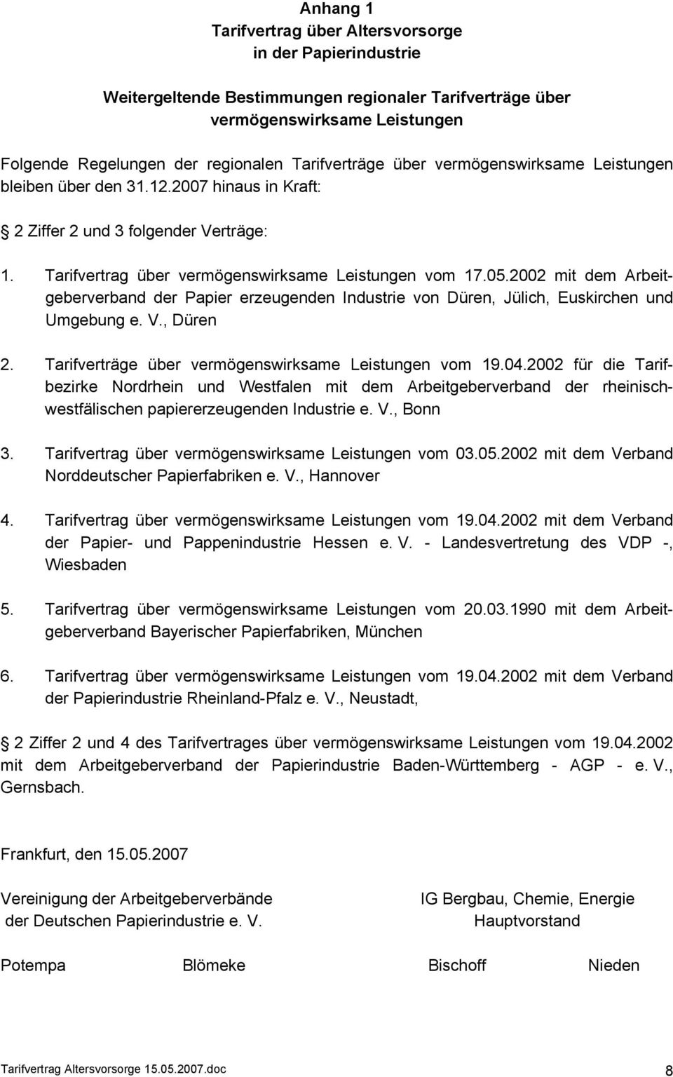 2002 mit dem Arbeitgeberverband der Papier erzeugenden Industrie von Düren, Jülich, Euskirchen und Umgebung e. V., Düren 2. Tarifverträge über vermögenswirksame Leistungen vom 19.04.