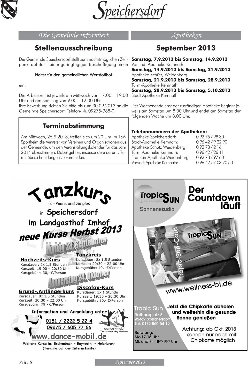 2013 an die Gemeinde Speichersdorf, Telefon-Nr. 092