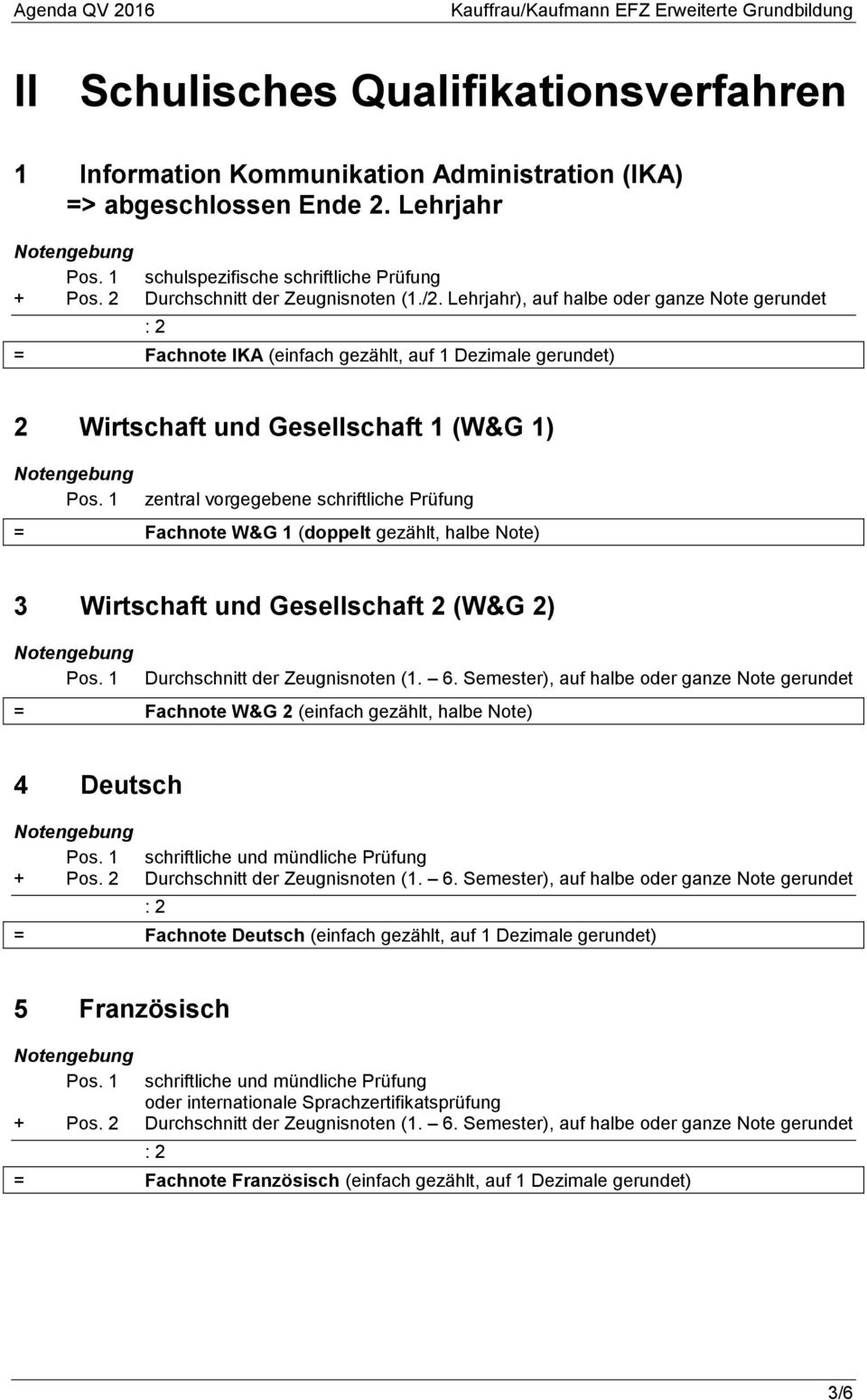 Lehrjahr), auf halbe oder ganze Note gerundet = Fachnote IKA (einfach gezählt, auf 1 Dezimale gerundet) 2 Wirtschaft und Gesellschaft 1 (W&G 1) zentral vorgegebene schriftliche Prüfung = Fachnote W&G