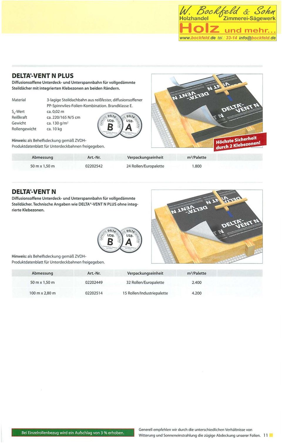 10 kg Hinweis: als Behelfsdeckung gemäß ZVDH Produktdatenblatt für Unterdeckbahnen freigegeben. m'/palette 50 m x 1,50 m 02202542 24 Rallen/Europalette 1.