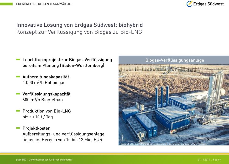 000 m 3 /h Rohbiogas Verflüssigungskapazität 600 m 3 /h Biomethan Produktion von Bio-LNG bis zu 10 t / Tag Projektkosten Aufbereitungs- und