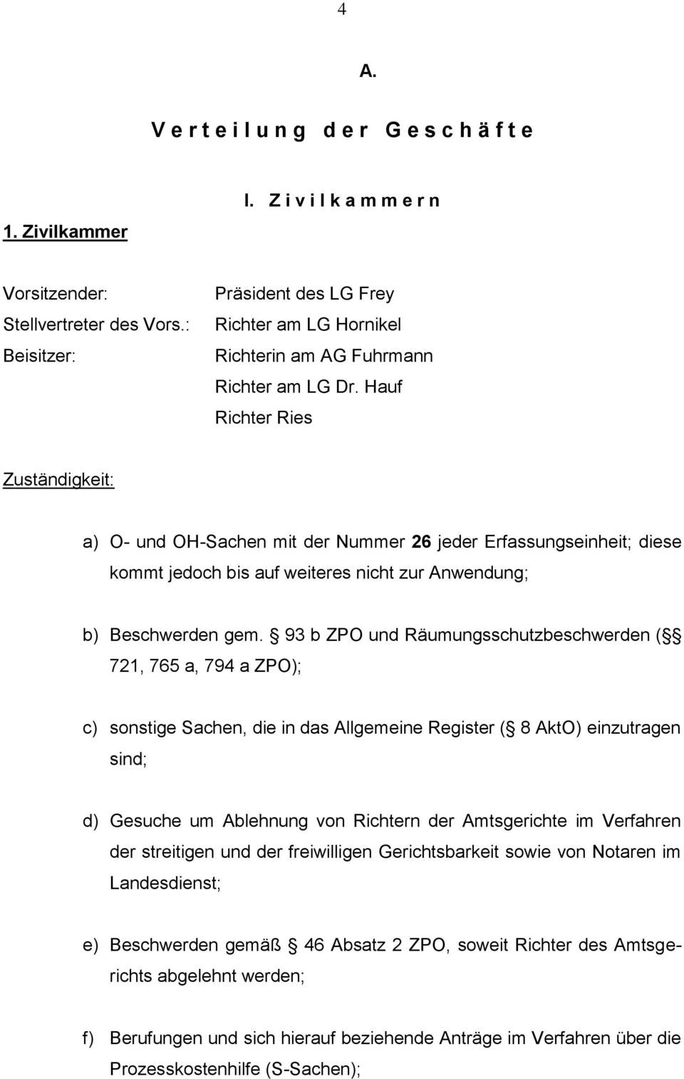 Hauf Richter Ries Zuständigkeit: a) O- und OH-Sachen mit der Nummer 26 jeder Erfassungseinheit; diese kommt jedoch bis auf weiteres nicht zur Anwendung; b) Beschwerden gem.