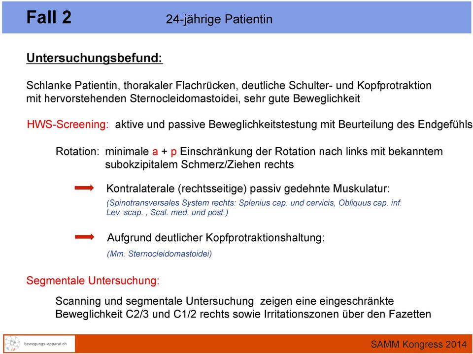 rechts Kontralaterale (rechtsseitige) passiv gedehnte Muskulatur: (Spinotransversales System rechts: Splenius cap. und cervicis, Obliquus cap. inf. Lev. scap., Scal. med. und post.