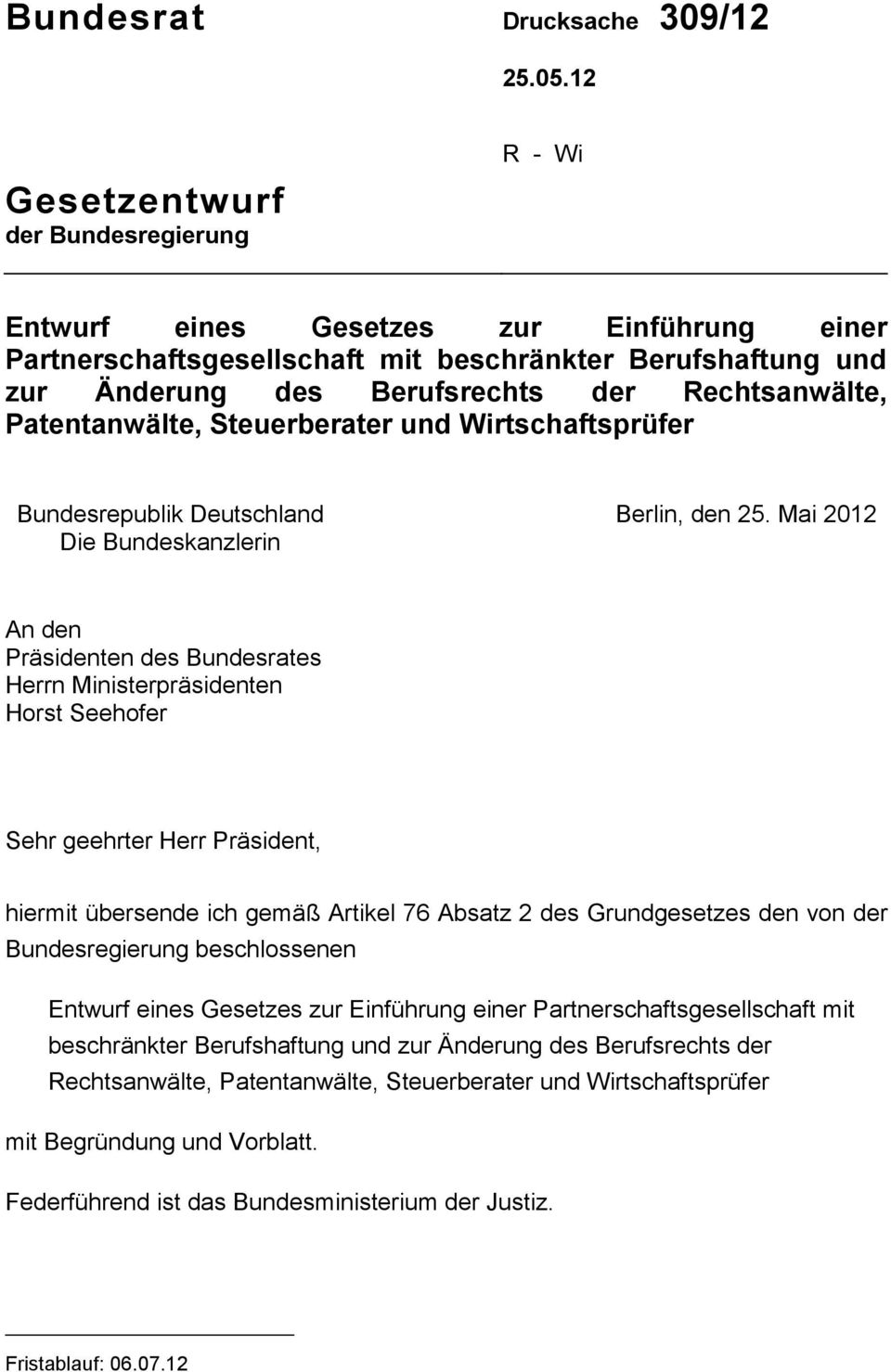 Patentanwälte, Steuerberater und Wirtschaftsprüfer Bundesrepublik Deutschland Die Bundeskanzlerin Berlin, den 25.