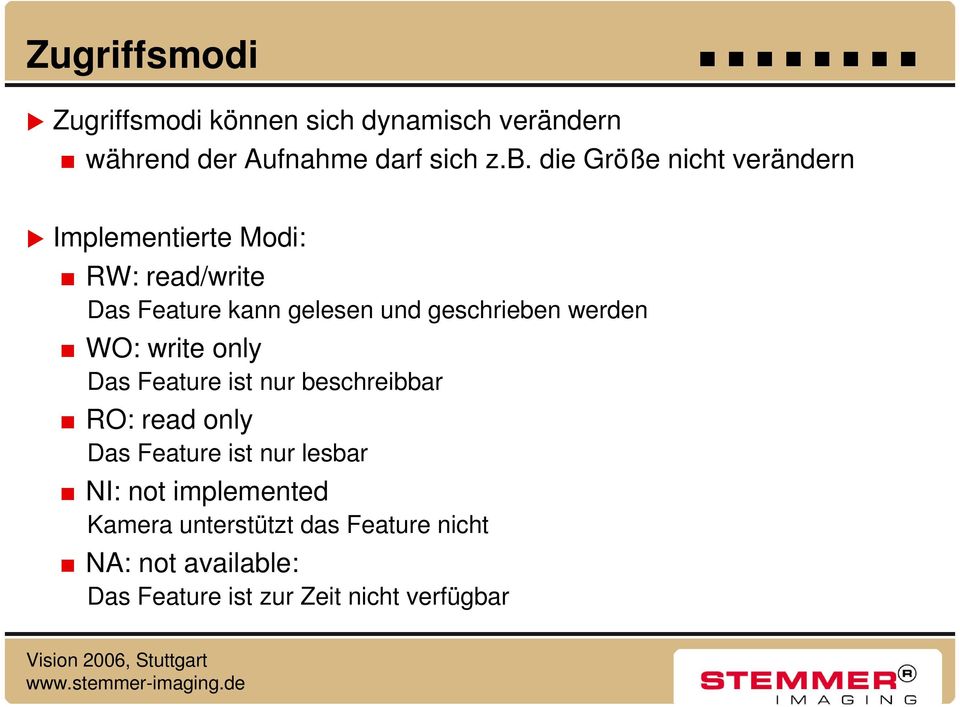 werden WO: write only Das Feature ist nur beschreibbar RO: read only Das Feature ist nur lesbar NI: