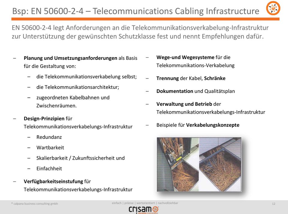 Planung und Umsetzungsanforderungen als Basis Wege-und Wegesysteme für die für die Gestaltung von: Telekommunikations-Verkabelung die Telekommunikationsverkabelung selbst; Trennung der Kabel,