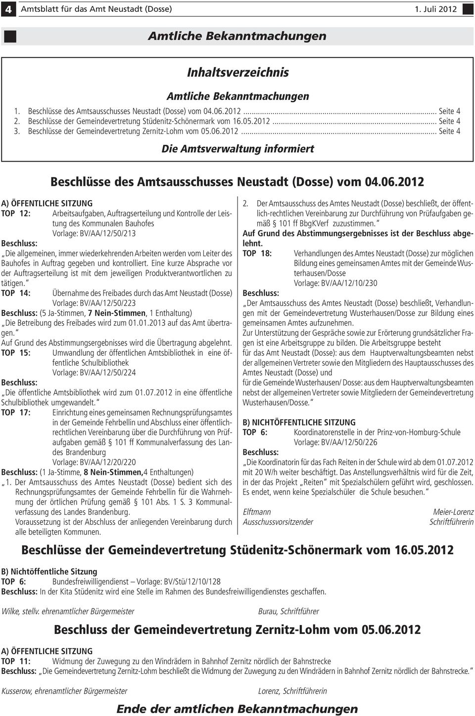 .. Seite 4 3. Beschlüsse der Gemeindevertretung Zernitz-Lohm vom 05.06.2012.