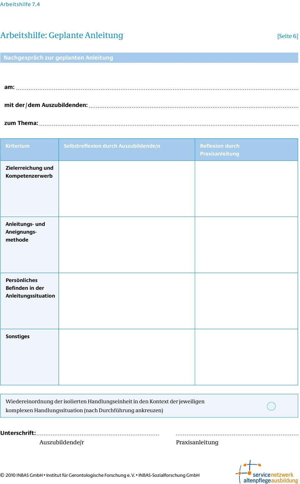 Aneignungsmethode Persönliches Befinden in der Anleitungssituation Sonstiges Wiedereinordnung der isolierten