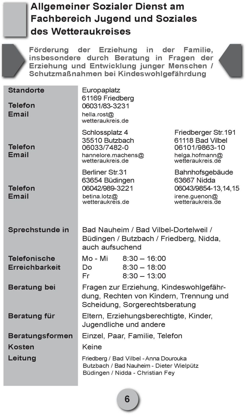 191 Telefon 35510 Butzbach 61118 Bad Vilbel 06033/7482-0 06101/9863-10 Email hannelore.machens@ helga.hofmann@ wetteraukreis.de wetteraukreis.de Berliner Str.