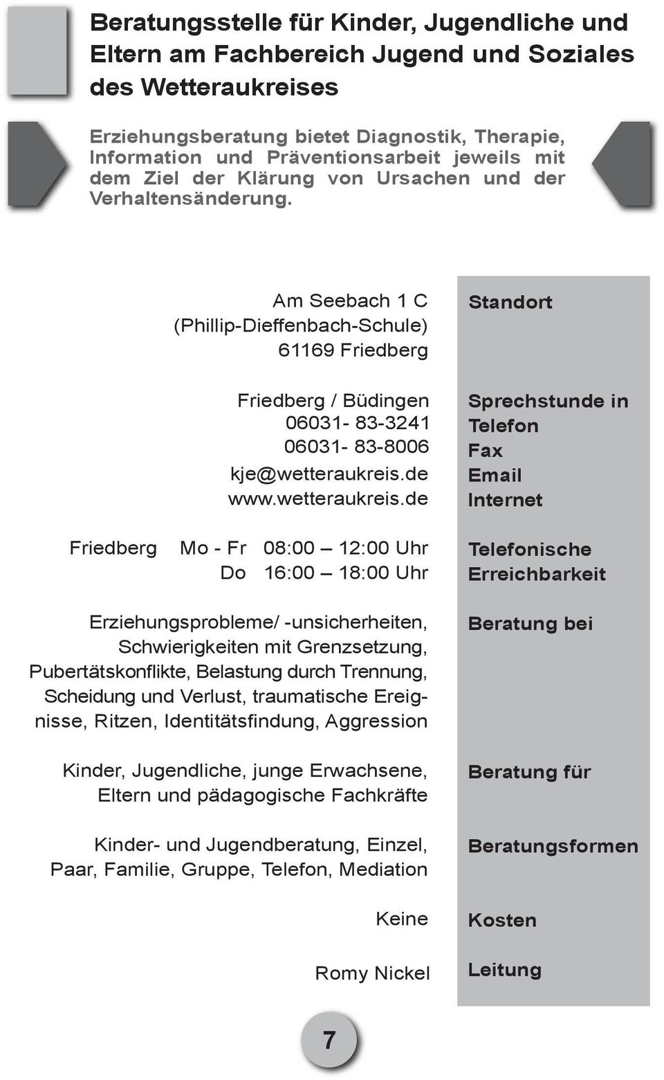 Am Seebach 1 C (Phillip-Dieffenbach-Schule) 61169 Friedberg Standort Friedberg Friedberg / Büdingen 06031-83-3241 06031-83-8006 kje@wetteraukreis.