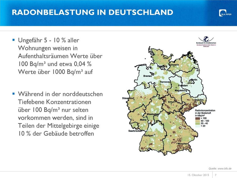 in der norddeutschen Tiefebene Konzentrationen über 100 Bq/m³ nur selten vorkommen