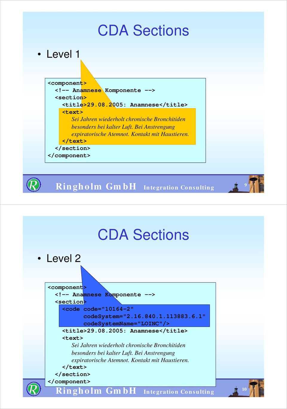 Kontakt mit Haustieren. </text> </section> </component> 9 CDA Sections Level 2 <component> <!