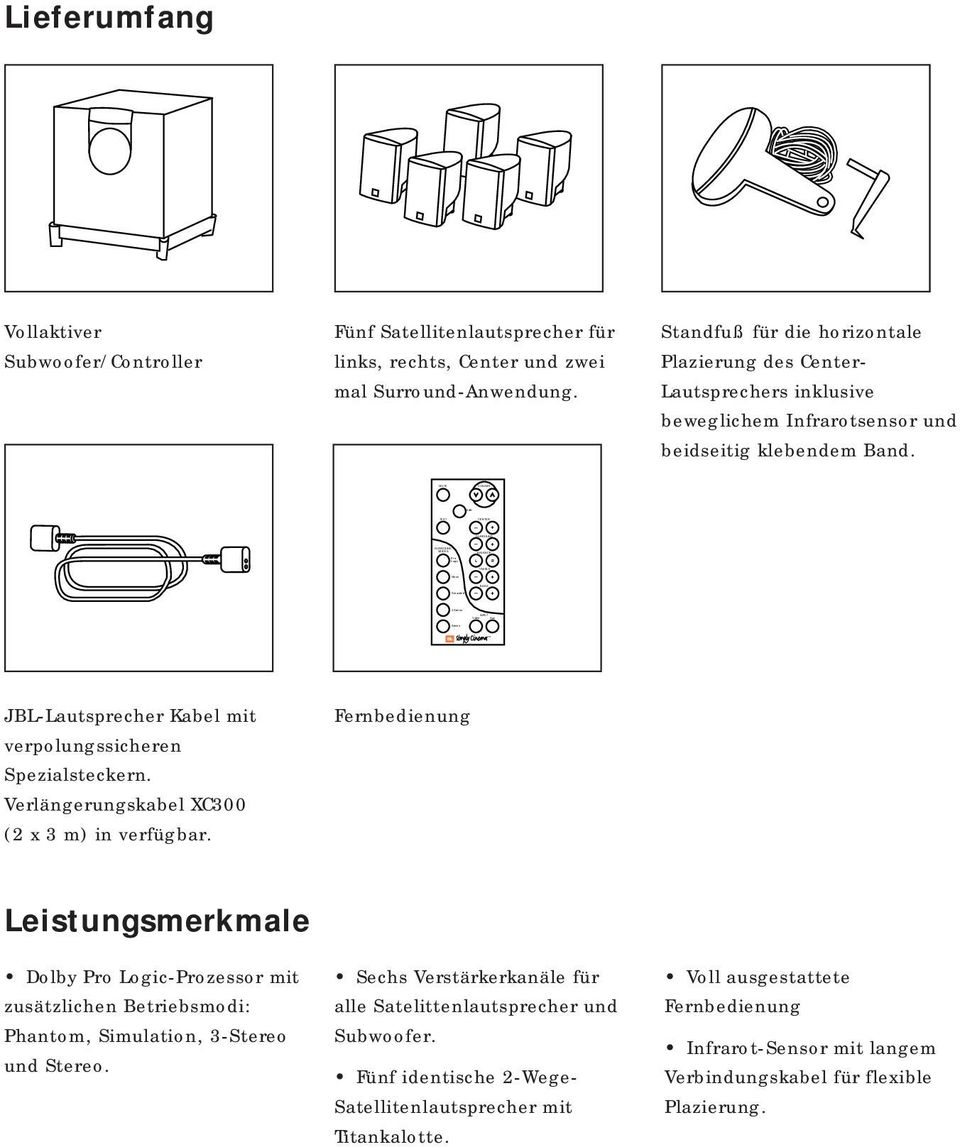 Standfuß für die horizontale Plazierung des Center- Lautsprechers inklusive beweglichem Infrarotsensor und beidseitig klebendem Band. JBL-Lautsprecher Kabel mit verpolungssicheren Spezialsteckern.