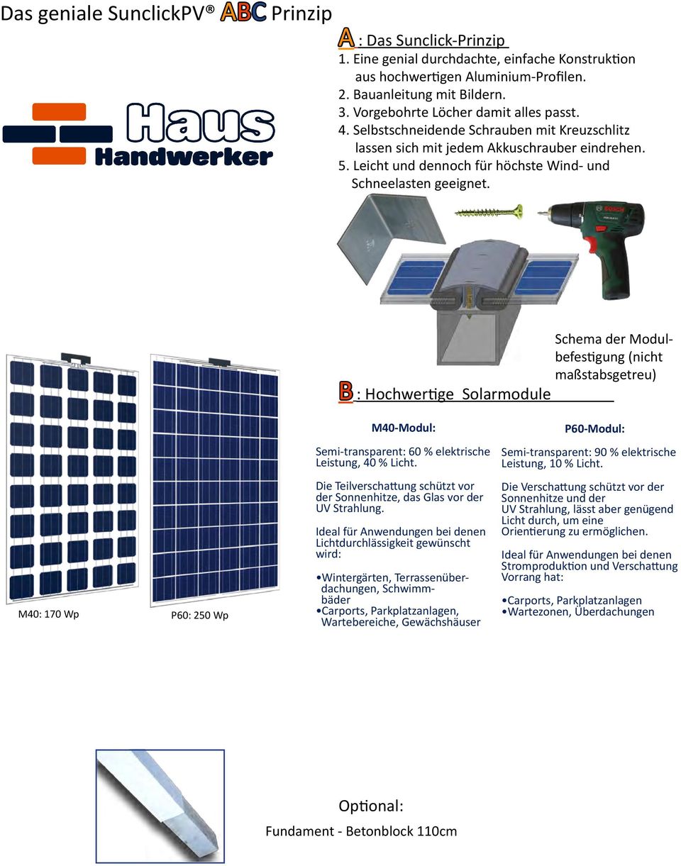 B : Hochwertige Solarmodule Schema der Modulbefestigung (nicht maßstabsgetreu) M40: 170 Wp P60: 250 Wp M40-Modul: Semi-transparent: 60 % elektrische Leistung, 40 % Licht.
