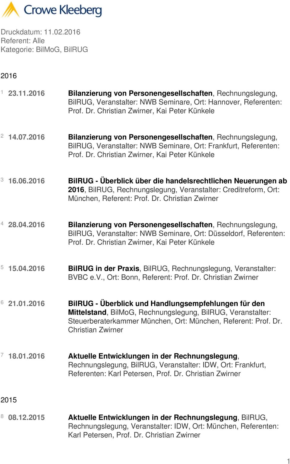 2016 BilRUG - Überblick über die handelsrechtlichen Neuerungen ab 2016, BilRUG, Rechnungslegung, Veranstalter: Creditreform, Ort: München, Referent: Prof. Dr. 4 28.04.