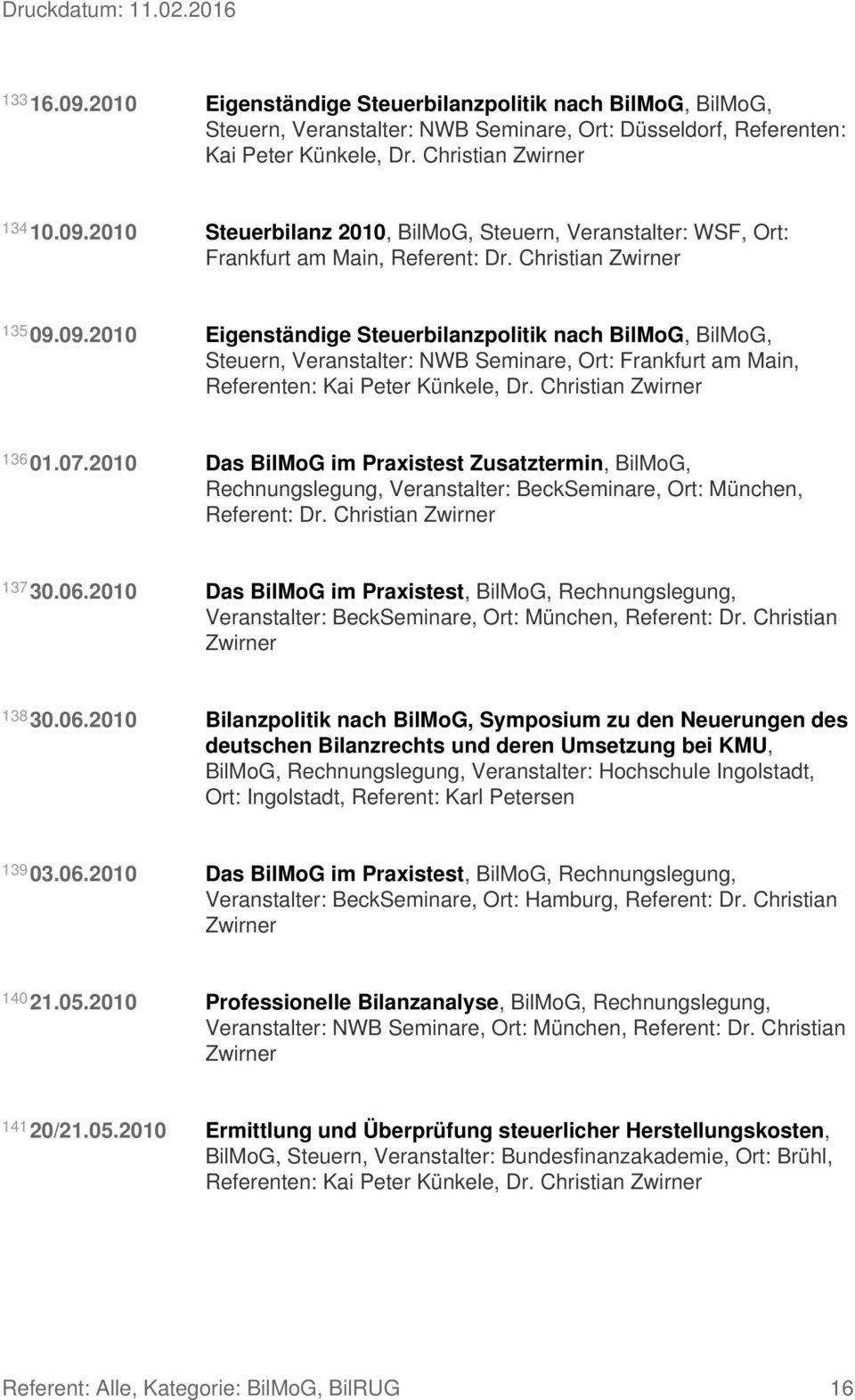 2010 Das BilMoG im Praxistest Zusatztermin, BilMoG, Rechnungslegung, Veranstalter: BeckSeminare, Ort: München, Referent: Dr. 137 30.06.