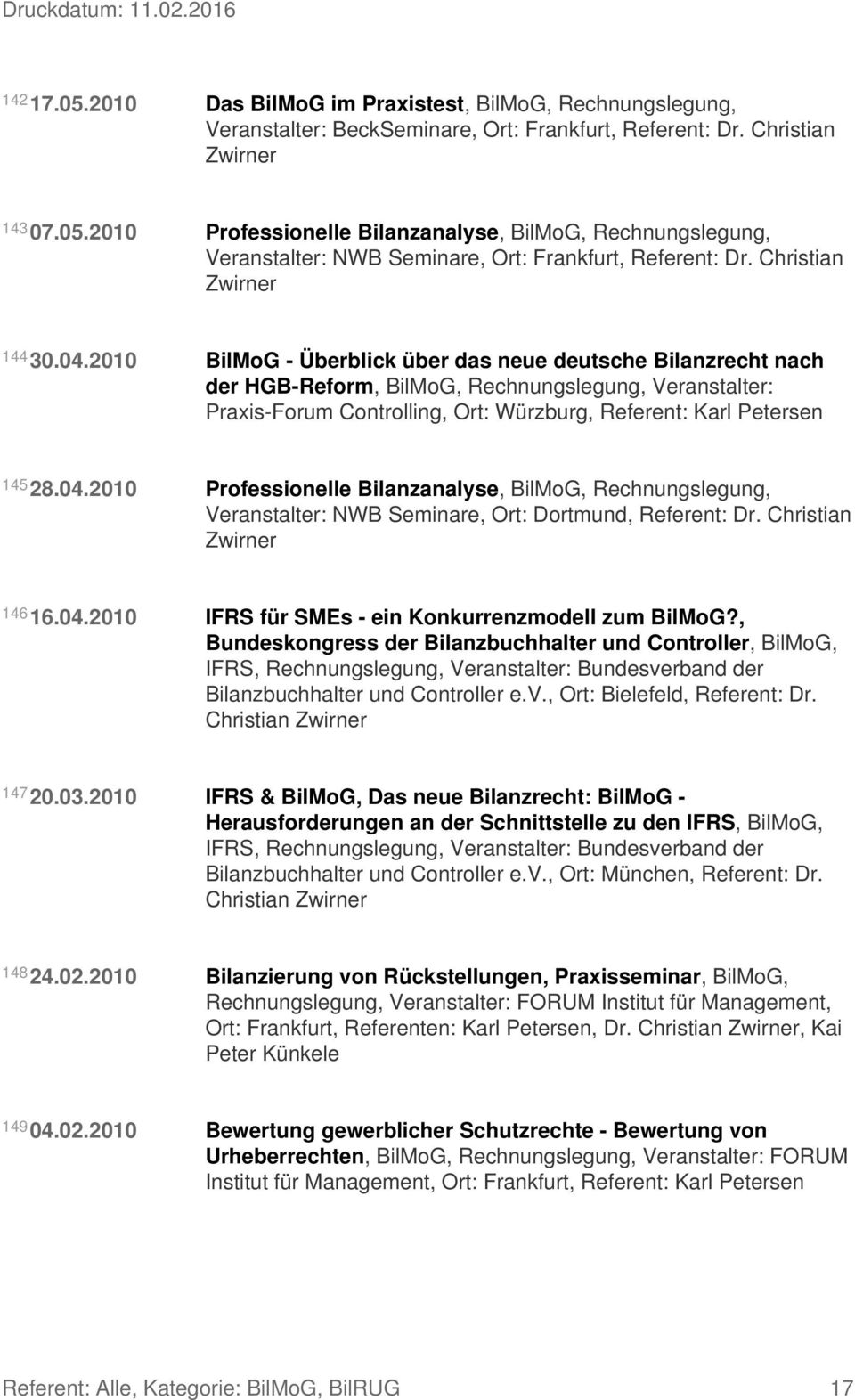 2010 BilMoG - Überblick über das neue deutsche Bilanzrecht nach der HGB-Reform, BilMoG, Rechnungslegung, Veranstalter: Praxis-Forum Controlling, Ort: Würzburg, Referent: Karl Petersen 145 28.04.