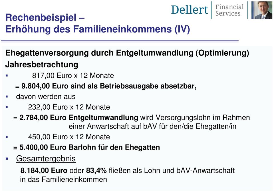 784,00 Euro Entgeltumwandlung wird Versorgungslohn im Rahmen einer Anwartschaft auf bav für den/die Ehegatten/in 450,00 Euro x 12