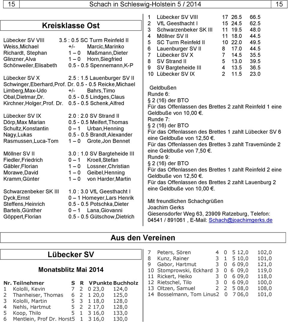 5 Lauenburger SV II Schwinger,Eberhard,Prof. Dr. 0.5 0.5 Reicke,Michael Limberg,MaxUdo +/ Bahrs,Timo Obal,Dietmar,Dr. 0.5 0.5 Lindges,Claus Kirchner,Holger,Prof. Dr. 0.5 0.5 Schenk,Alfred Lübecker SV IX 2.