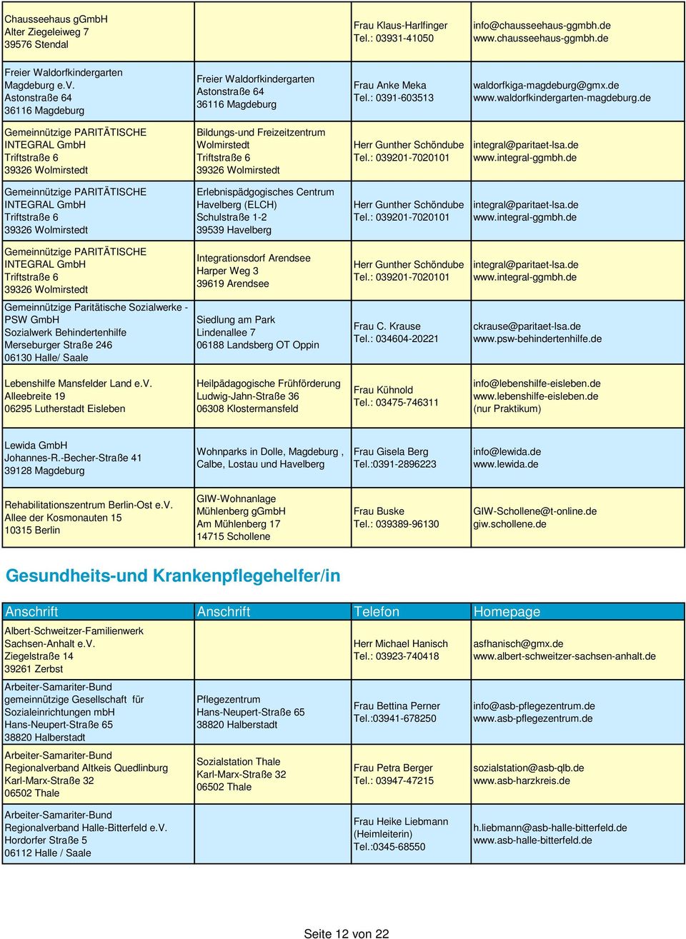 de INTEGRAL GmbH Bildungs-und Freizeitzentrum Wolmirstedt Herr Gunther Schöndube Tel.: 039201-7020101 integral@paritaet-lsa.de www.integral-ggmbh.