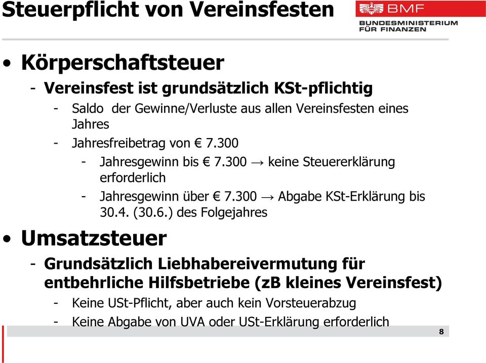 300 keine Steuererklärung erforderlich - Jahresgewinn über 7.300 Abgabe KSt-Erklärung bis 30.4. (30.6.