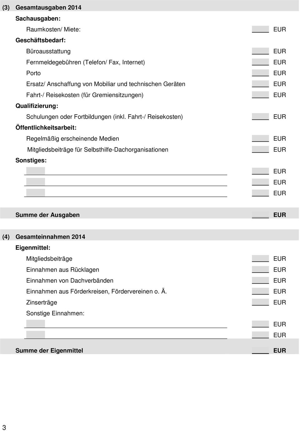 Fahrt-/ Reisekosten) Öffentlichkeitsarbeit: Regelmäßig erscheinende Medien Mitgliedsbeiträge für Selbsthilfe-Dachorganisationen Sonstiges: Summe der Ausgaben (4)