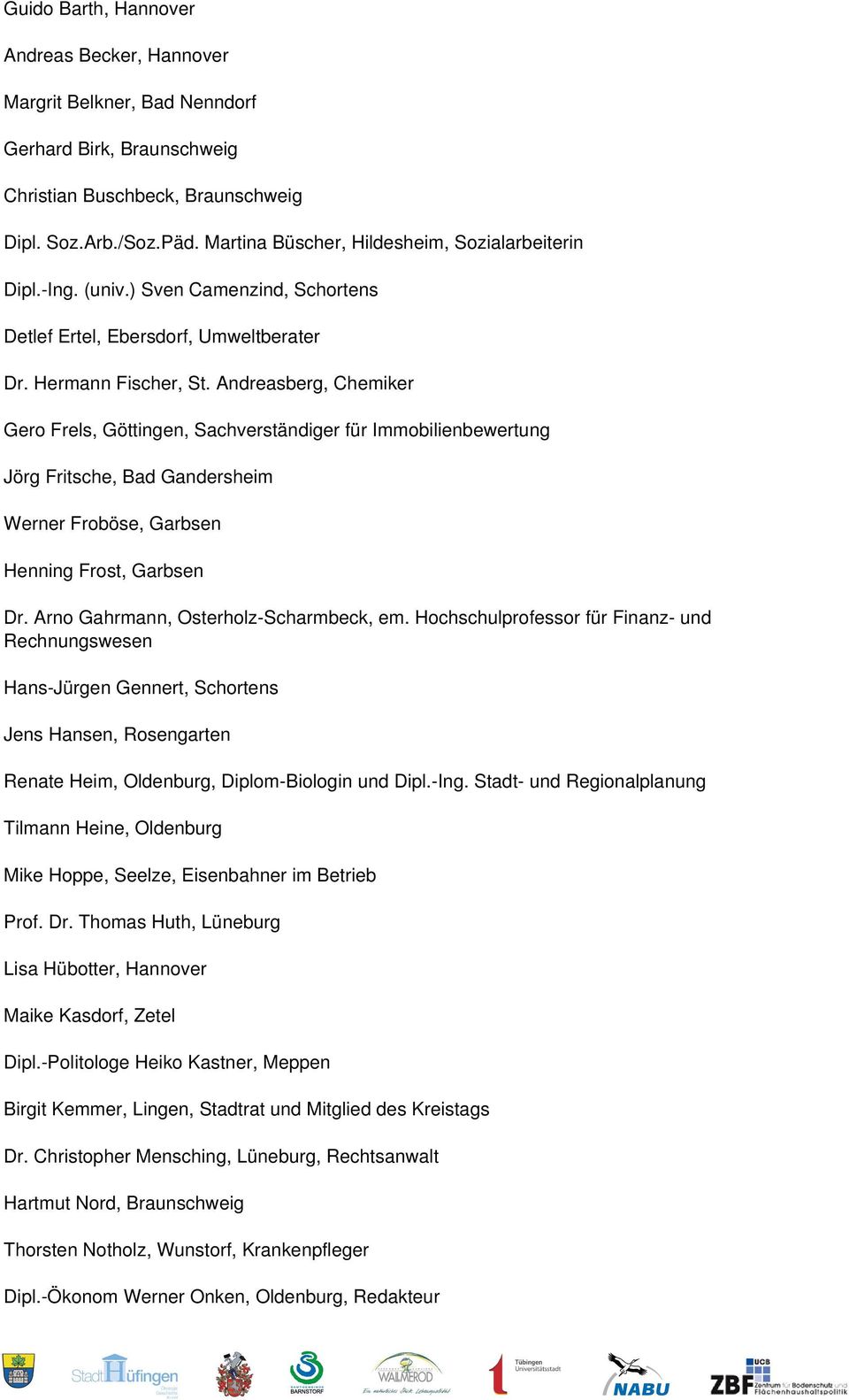 Andreasberg, Chemiker Gero Frels, Göttingen, Sachverständiger für Immobilienbewertung Jörg Fritsche, Bad Gandersheim Werner Froböse, Garbsen Henning Frost, Garbsen Dr.