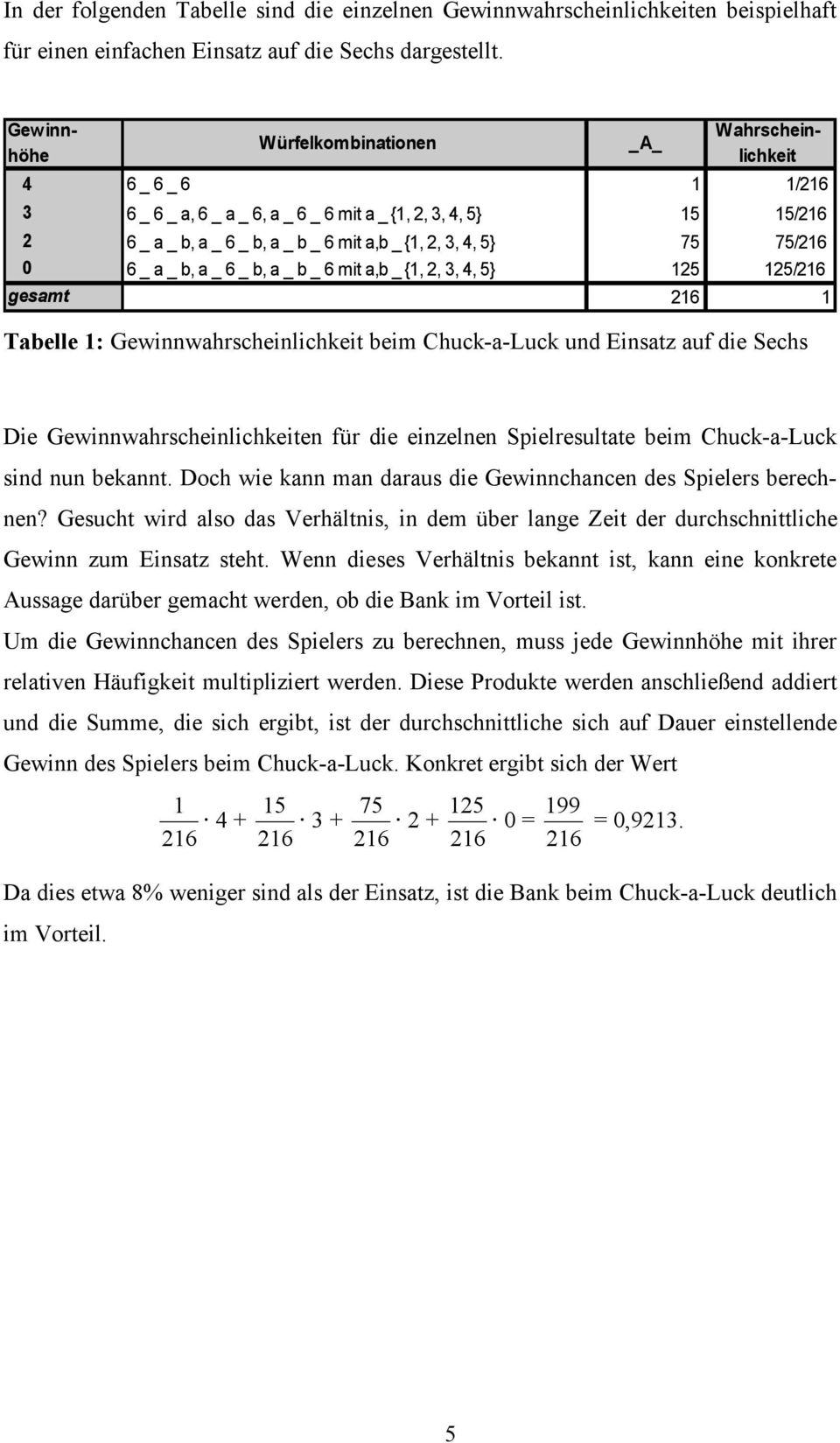 75/16 0 6 _ a _ b, a _ 6 _ b, a _ b _ 6 mit a,b _ {1,, 3, 4, 5} 15 15/16 gesamt 16 1 Tabelle 1: Gewinnwahrscheinlichkeit beim Chuck-a-Luck und Einsatz auf die Sechs Die Gewinnwahrscheinlichkeiten für