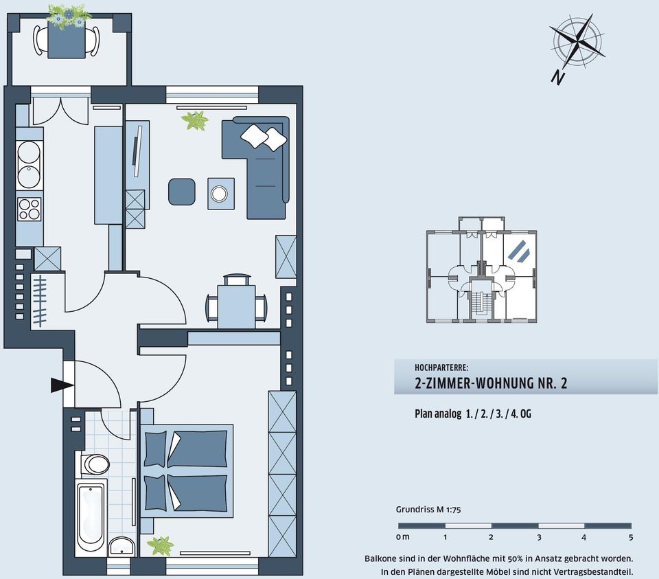 OG Grundriss M 1:75 0 m 1 2 3 4 5 Balkone sind in der