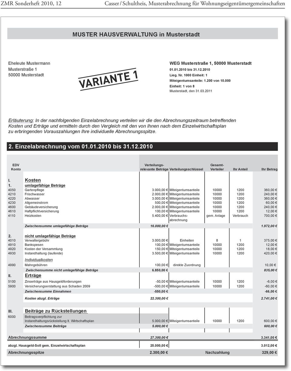 von Ihnen nach dem Einzelwirtschaftsplan zu erbringenden Vorauszahlungen Ihre individuelle Abrechnungsspitze. 2. Einzelabrechnung vom 01.01.2010 bis 31.12.