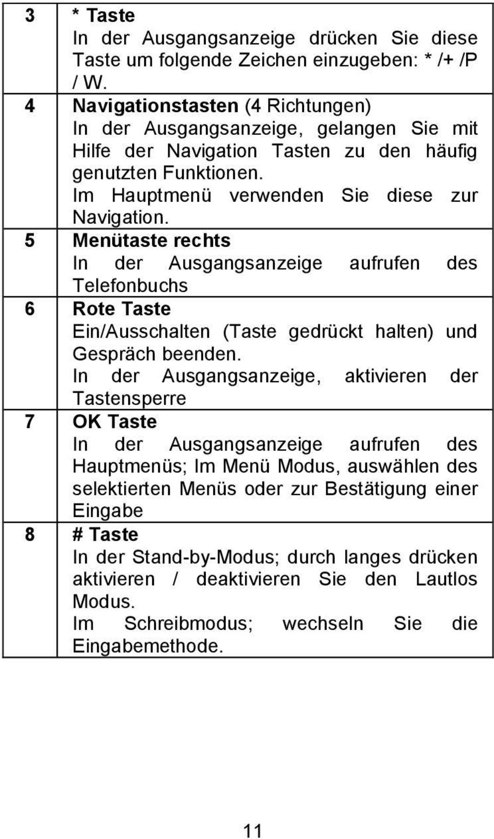 5 Menütaste rechts In der Ausgangsanzeige aufrufen des Telefonbuchs 6 Rote Taste Ein/Ausschalten (Taste gedrückt halten) und Gespräch beenden.