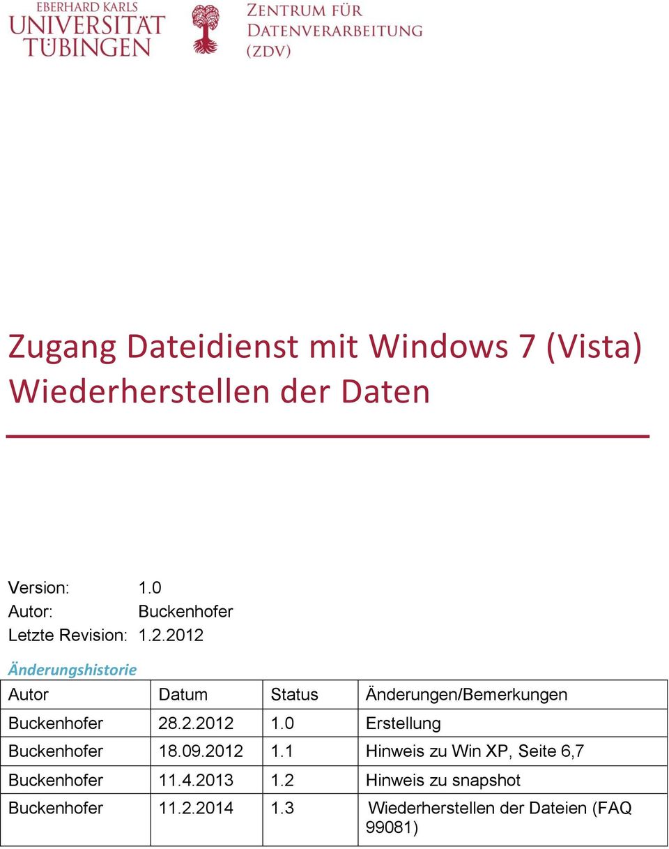 2012 Änderungshistorie Autor Datum Status Änderungen/Bemerkungen Buckenhofer 28.2.2012 1.