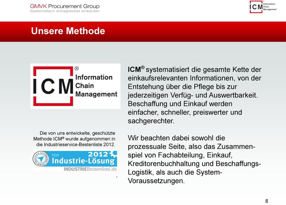 Die von uns entwickelte, geschützte Methode ICM wurde aufgenommen in die Industrieservice-Bestenliste 2012.