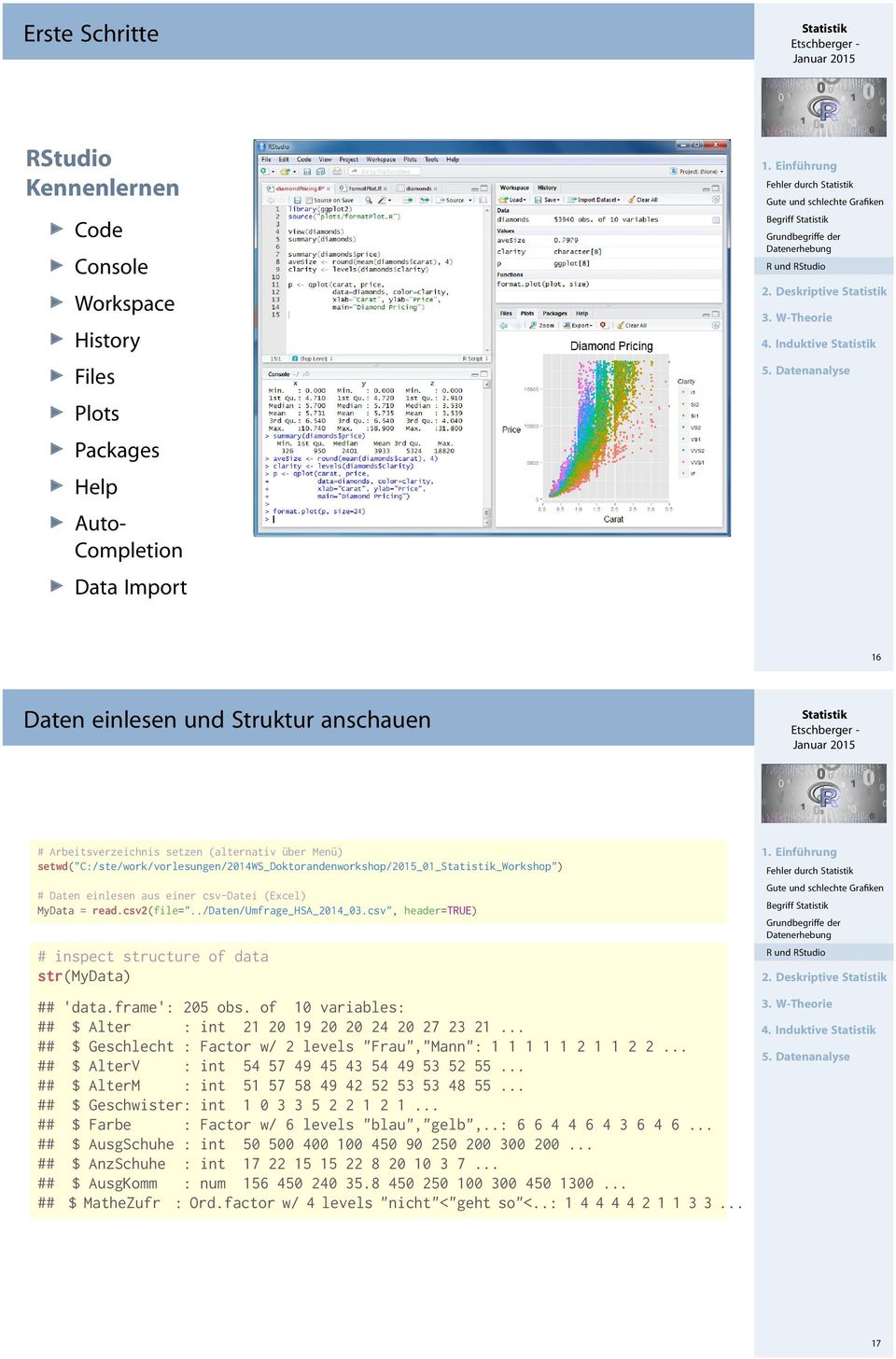 Induktive 6 Daten einlesen und Struktur anschauen # Arbeitsverzeichnis setzen (alternativ über Menü) setwd("c:/ste/work/vorlesungen/04ws_doktorandenworkshop/05_0 Workshop") # Daten einlesen aus einer