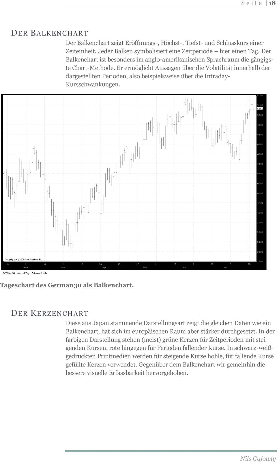 Er ermöglicht Aussagen über die Volatilität innerhalb der dargestellten Perioden, also beispielsweise über die Intraday- Kursschwankungen. Tageschart des German30 als Balkenchart.
