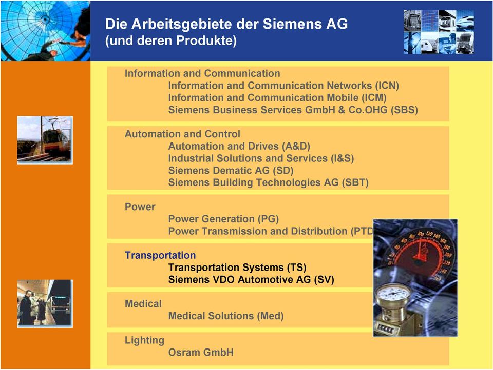 OHG (SBS) Automation and Control Automation and Drives (A&D) Industrial Solutions and Services (I&S) Siemens Dematic AG (SD) Siemens Building